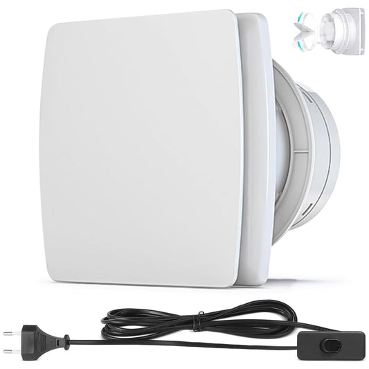 XIW Bathroom exhaust fan Ø100mm with backdraft damper, EU plug, 95 m³/h, 12 watts / 34dB wall fan for bathroom, toilet, kitchen.
