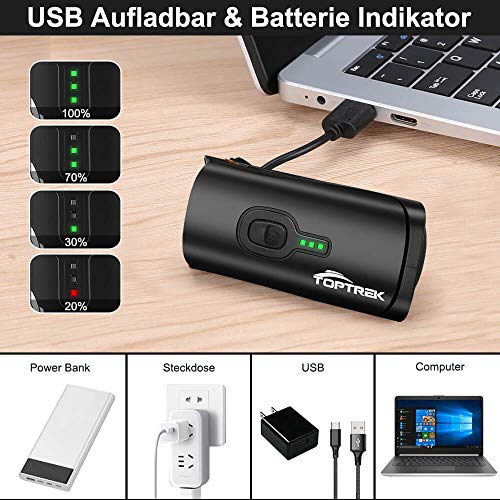 Toptrek bike light set 70/30Lux light modes LED bike light IPX5 waterproof bike lamp USB rechargeable bike light includes front light and rear light.