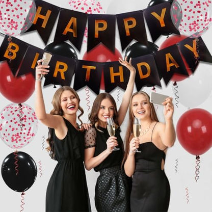Happy Birthday Banner, Red Birthday Decorations, 16 pieces 12 inch balloons with 2 strings for men, women, girls, and boys party decoration