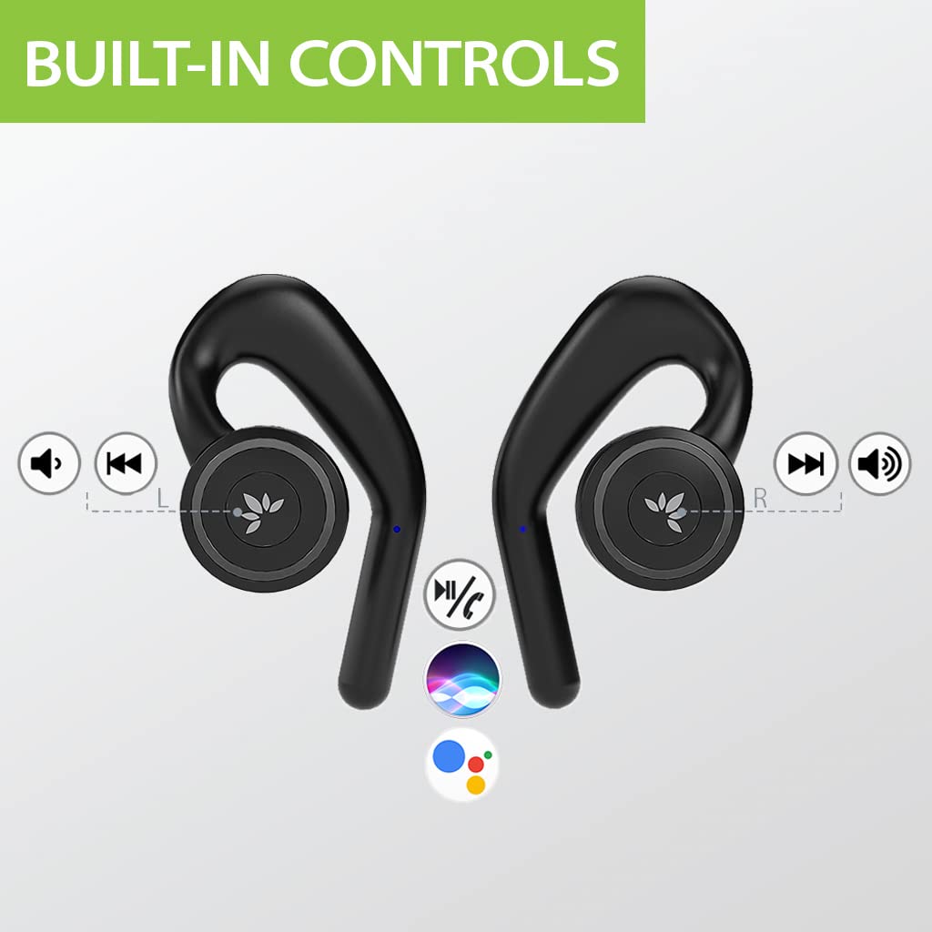 Avantree TWS116 - Wireless open-ear headphones with Bluetooth and charging station, noise cancellation, mono and stereo modes, and secure, non-adjustable ear hooks.