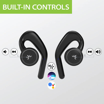 Avantree TWS116 - Wireless open-ear headphones with Bluetooth and charging station, noise cancellation, mono and stereo modes, and secure, non-adjustable ear hooks.