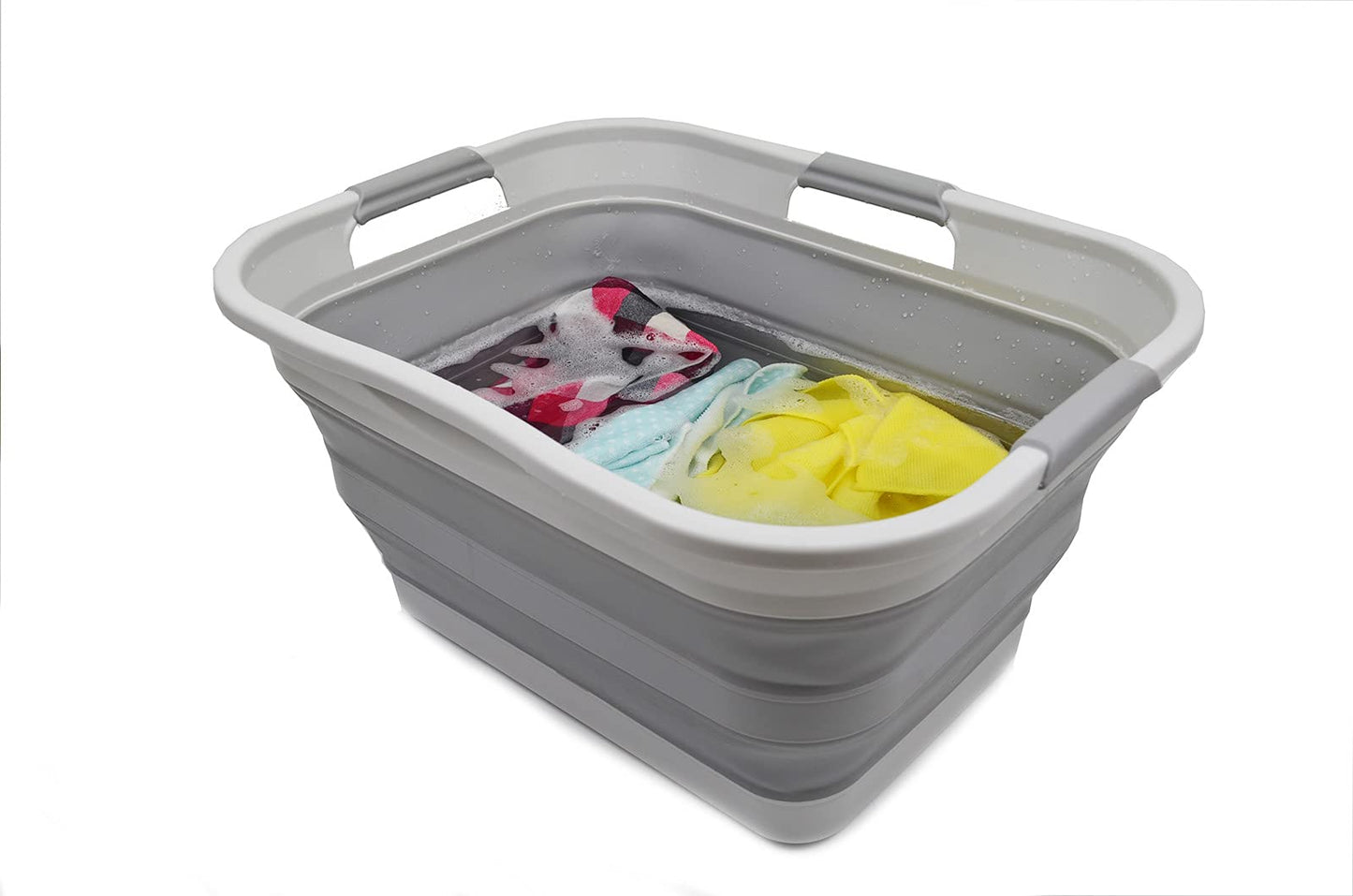 SAMMART 30L Plastic Folding Laundry Basket - Foldable Pop-Up Storage Container/Organizer - Portable Wash Tub - Space-saving Basket (1, Gray)