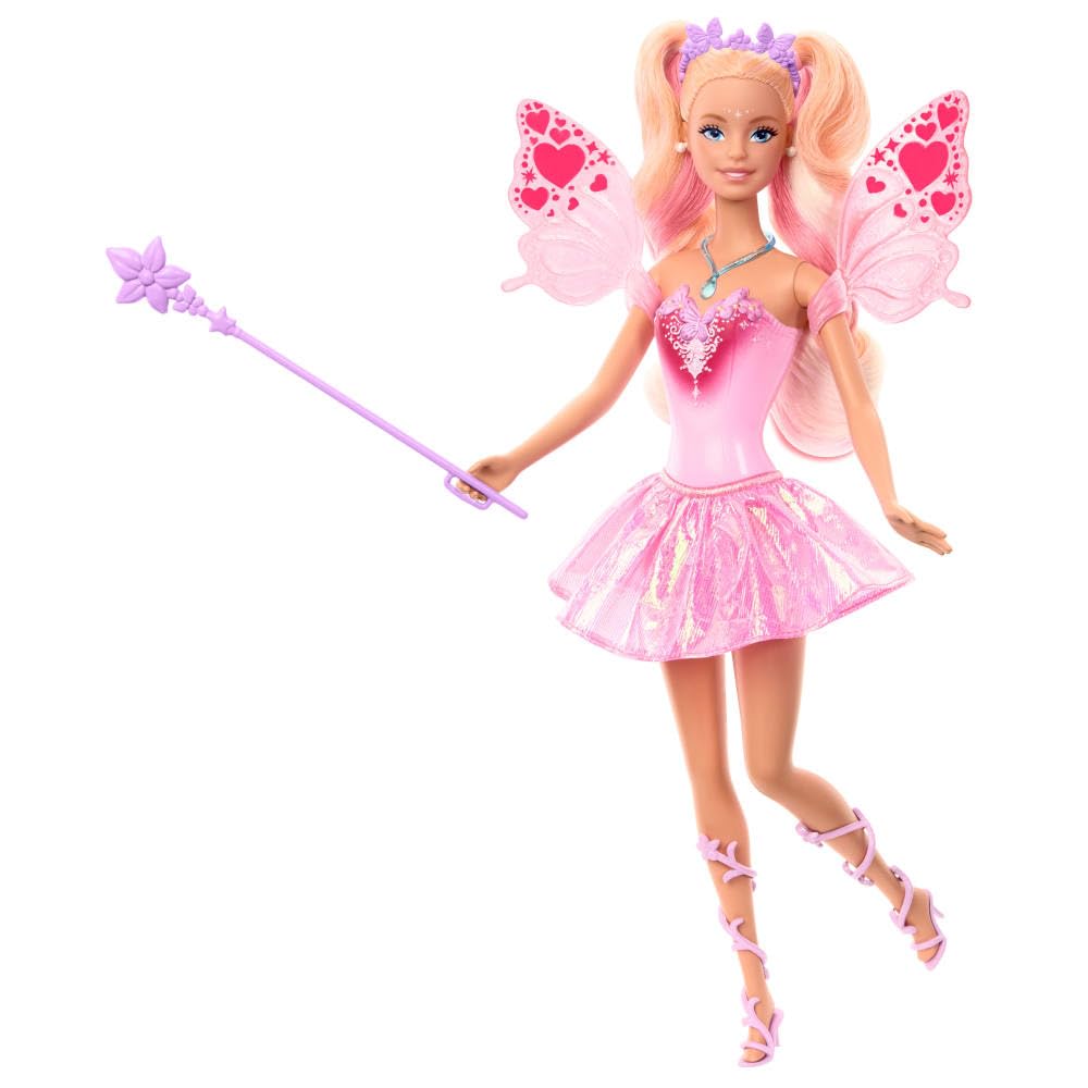 Mattel Barbie Fairy Doll with toy magic wand and fashion accessories, fantasy theme with color-changing wings and outfit, JCP76, [Multicolor]