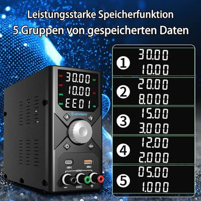 Jesverty Lab Power Supply 0-30V 0-10A, adjustable DC regulated bench power supply with encoder knob, USB-A and USB-C fast charging, 4-digit LED display, preset memory - SPS-3010X