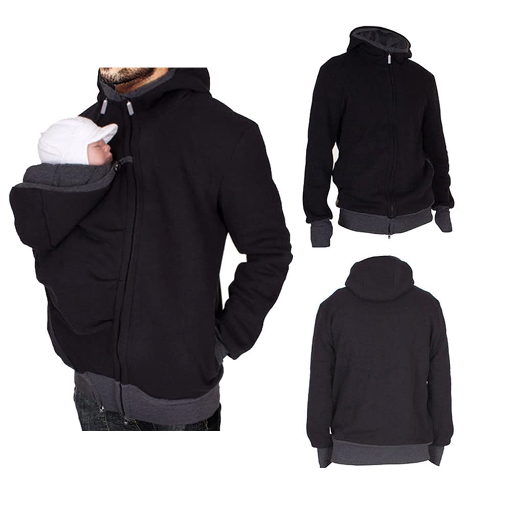Amropi Kangaroo Hoodie Baby Carrier Men's Pullover Winter Warm Baby Carrier Coat Black, L