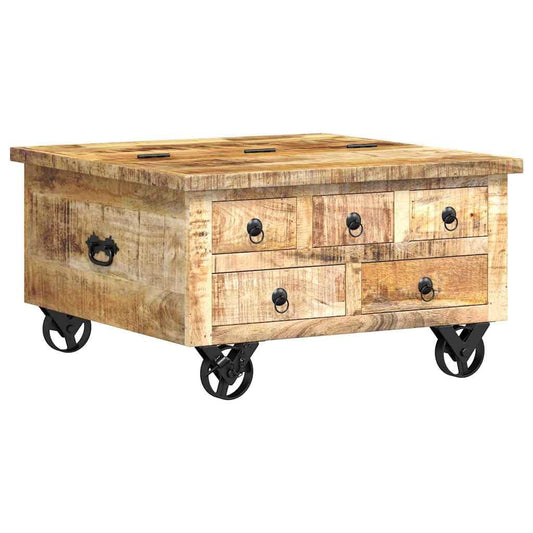 vidaXL Rustic Mango Wood Coffee Table with 5 Drawers, 1 Storage Compartment Vintage Side Table Living Room Table Coffee Table Sofa Table 70x70x40cm