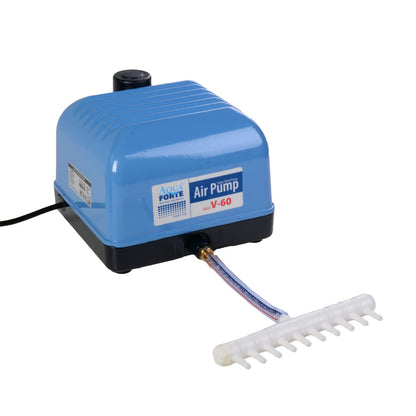 AquaForte Hi-Flow V-60 Air Pump Set, complete with air distributors, 50 m hose 4 x 6 mm, and 10 air stones 5 cm. Capacity at 2 meters 40 liters per minute. Maximum pond size 36 m3.