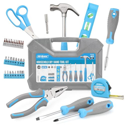 Hi-Spec toolset. Small toolbox filled with blue tools and screwdriver bit set for repairs.