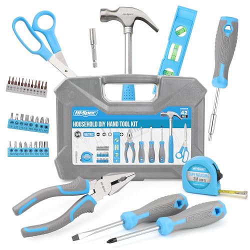 Hi-Spec toolset. Small toolbox filled with blue tools and screwdriver bit set for repairs.