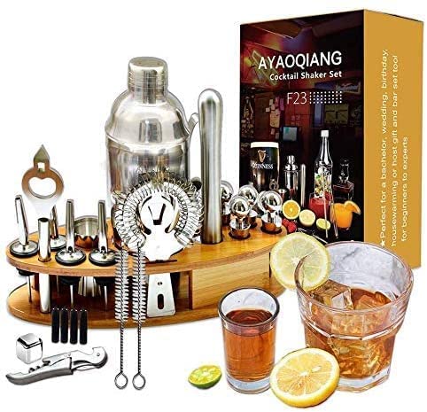 Cocktail shaker gift stainless steel 23 piece cocktail set bar accessories cocktail set 750 ML cocktail shaker with wooden stand for bartender men and women, perfect for home or bar.