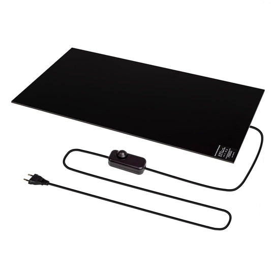 Infrared heat panel desk heater 30x60cm 150W with dimmer for stepless control, IR office heater for warm legs, self-adhesive for the desk/worktable.