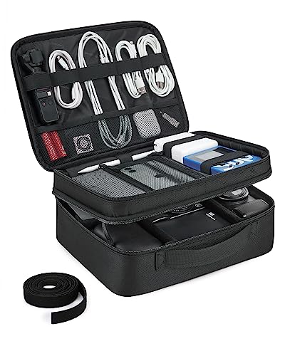 Bagsmart cable bag, double layer electronic organizer travel electronic bag for cables, charger, iPad, iPad Air, tablet up to 10.5 inches, adapter, mouse, SD cards (Black 1)