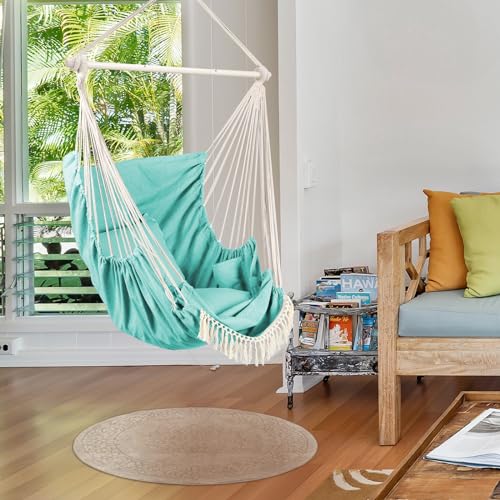 Chihee Hanging Chair Swing 2 Pillows Included, Durable Spreader Bar Cotton Fabric Hanging Chair Side Pocket Large Tassel Chair Set Footrest Support Leg Foot Comfortable