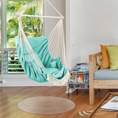 Chihee Hanging Chair Swing 2 Pillows Included, Durable Spreader Bar Cotton Fabric Hanging Chair Side Pocket Large Tassel Chair Set Footrest Support Leg Foot Comfortable