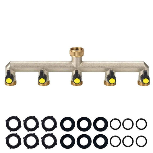 5-way splitter water 3/4 inch brass water connection splitter for 5 devices/garden hoses, hose splitter faucet splitter with ball valve for adjusting and shutting off water flow.