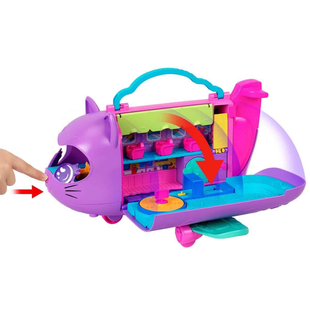 Polly Pocket dolls and playset, Kitty Airways airplane, travel toy with 2 small dolls and animal, rotating stage and accessories, HWP19