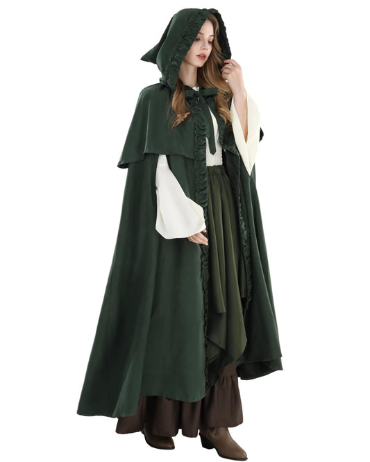 Fiamll Medieval Cloak Women Hooded Coat with Cuff Solid Color Trenchcoat Renaissance Vampire Cloak Gothic Cosplay Cape Carnival Costume Green S