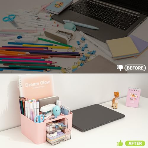 RISEMART desk organizer with 2 drawers, pencil holder, large capacity, stationery storage box for school, office, home, makeup, desk accessories, pink