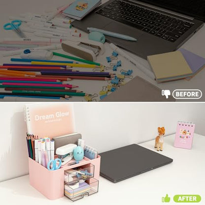 RISEMART desk organizer with 2 drawers, pencil holder, large capacity, stationery storage box for school, office, home, makeup, desk accessories, pink