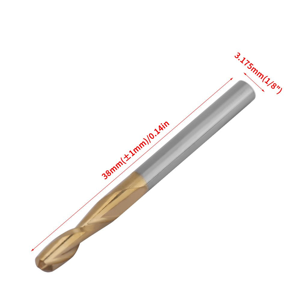 Milling ball nose end mill, titanium coating ball head cutter with 3.175mm shank, CNC ball end mill machine ball nose milling cutter bits, 1 * 4 / 1.5 * 6 / 2 * 8 / 2.5 * 12 / 3.175 * 12mm. 10 pieces.