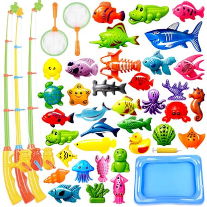 CozyBomB Magnetic Fishing Toy Set for Kids' Bathing, Pool Party with Rod Net, Floating Plastic Fish - Toddler, Educational, Teaching and Learning, Ocean, Sea Animals (X-Large)