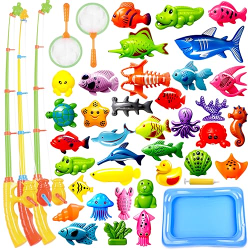 CozyBomB Magnetic Fishing Toy Set for Kids' Bathing, Pool Party with Rod Net, Floating Plastic Fish - Toddler, Educational, Teaching and Learning, Ocean, Sea Animals (X-Large)