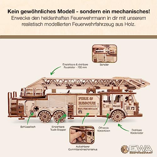 MagicWood - Mechanical 3D Puzzle Wood Fire Truck - DIY wooden puzzle kit for adults & kids - model kit to assemble without tools & glue - wooden construction kit