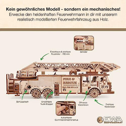MagicWood - Mechanical 3D Puzzle Wood Fire Truck - DIY wooden puzzle kit for adults & kids - model kit to assemble without tools & glue - wooden construction kit