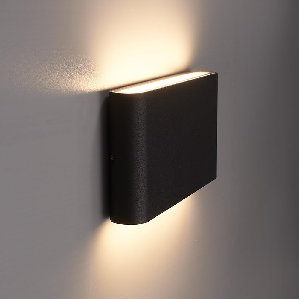 HOFTRONIC - Dimmable LED Wall Light Outdoor Indoor Dallas M Black 12W 3000K Warm White Up Down Spotlight IP54 Waterproof Aluminum. Outdoor light fixture for bathroom, garden, living room wall lamps.