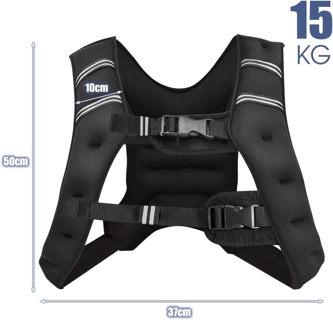 GYMAX 15kg Weighted Vest Training Fitness Vest with Reflective Stripes Weight Vest Running Vest for Weight Training Strength Training Muscle Building Black