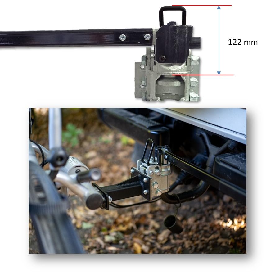 Folding and lockable 250 mm hook extension for bike rack including plug-in coupling for any type of trailer hitch.