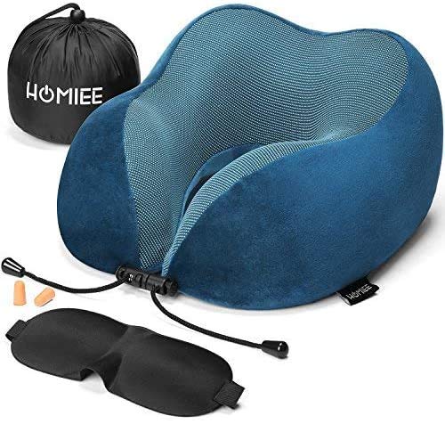 HOMIEE Travel Neck Pillow, Orthopedic Memory Foam Neck Pillow for Sleeping, Ergonomic Neck Support Pillow made with the Best Memory Foam for optimal comfort.