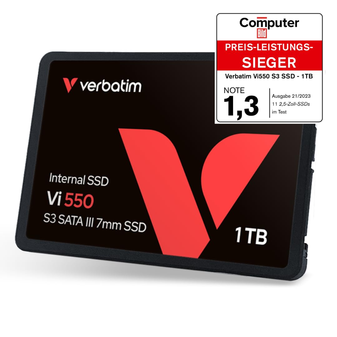 Verbatim Vi550 S3 SSD 1TB, internal 2.5" SATA III SSD drive with 3D NAND technology, up to 550 MB/s read speed, perfect for PC and notebook, black