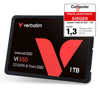 Verbatim Vi550 S3 SSD 1TB, internal 2.5" SATA III SSD drive with 3D NAND technology, up to 550 MB/s read speed, perfect for PC and notebook, black