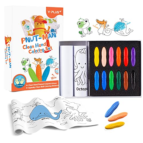 YPLUS Peanut Crayons Set for kids, art case with 12-color crayons and wall sticker paper rolls, non-toxic toddler coloring accessories for gift.