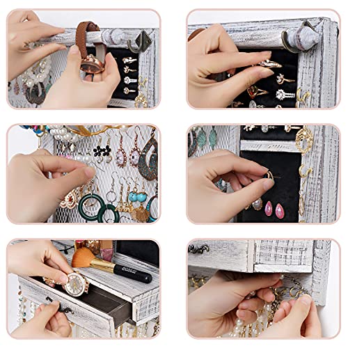 QILICZ Wall Mount Jewelry Organizer Jewelry Holder with Bracelet Bar, 21 Hooks, Drawer Jewelry Storage for Earrings, Studs, Necklaces, Bracelets, Rings, and Accessories