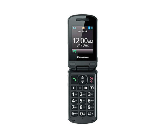 Panasonic KX-TU329EXME senior phone with 2.4-inch display, 2MP camera, and emergency call button.