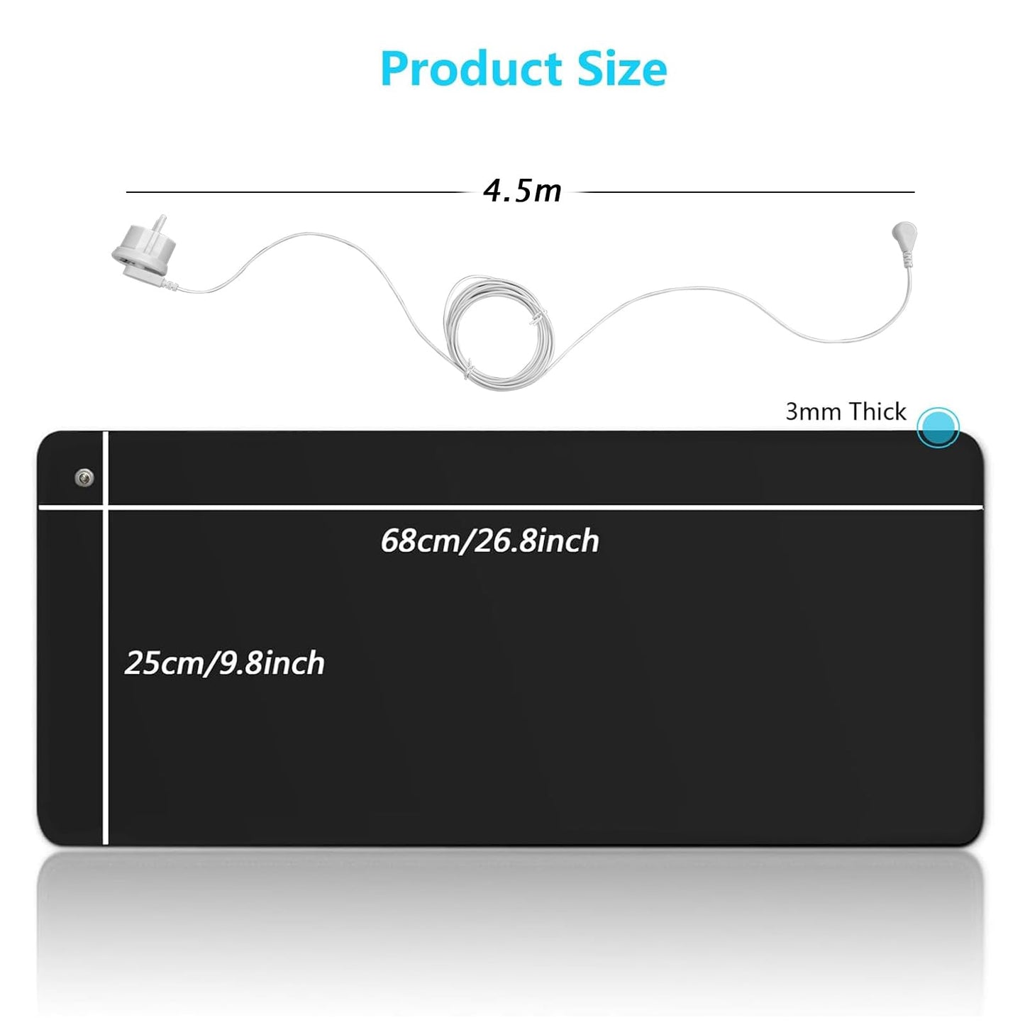 Grounding mat for feet, Grounding Mat, 68 x 25 cm mousepad with EU plug and cable for improved sleep, reduced anxiety, pain, inflammation, headaches.