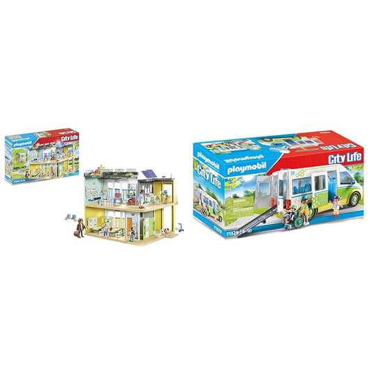 PLAYMOBIL City Life 71327 Big School with movable blackboard, for ages 5+ & City Life 71329 School Bus, Large school bus with sliding door