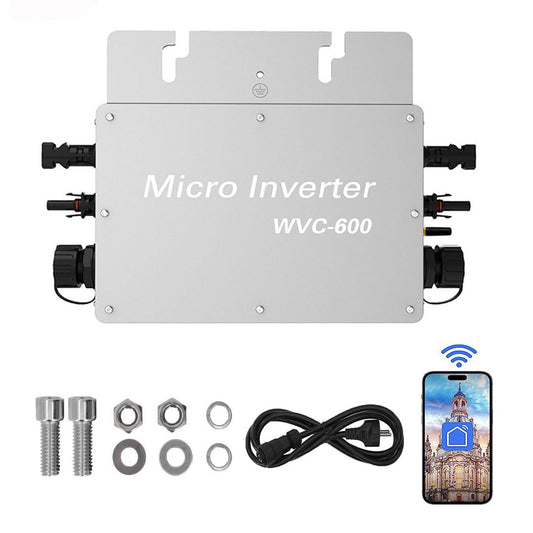 600W inverter balcony power plant, solar waterproof inverter, max PV input power 2 X 375 watts inverter solar with WLAN app for 2 solar panels, MPPT/IP65 waterproof 120-230V AC, silver.