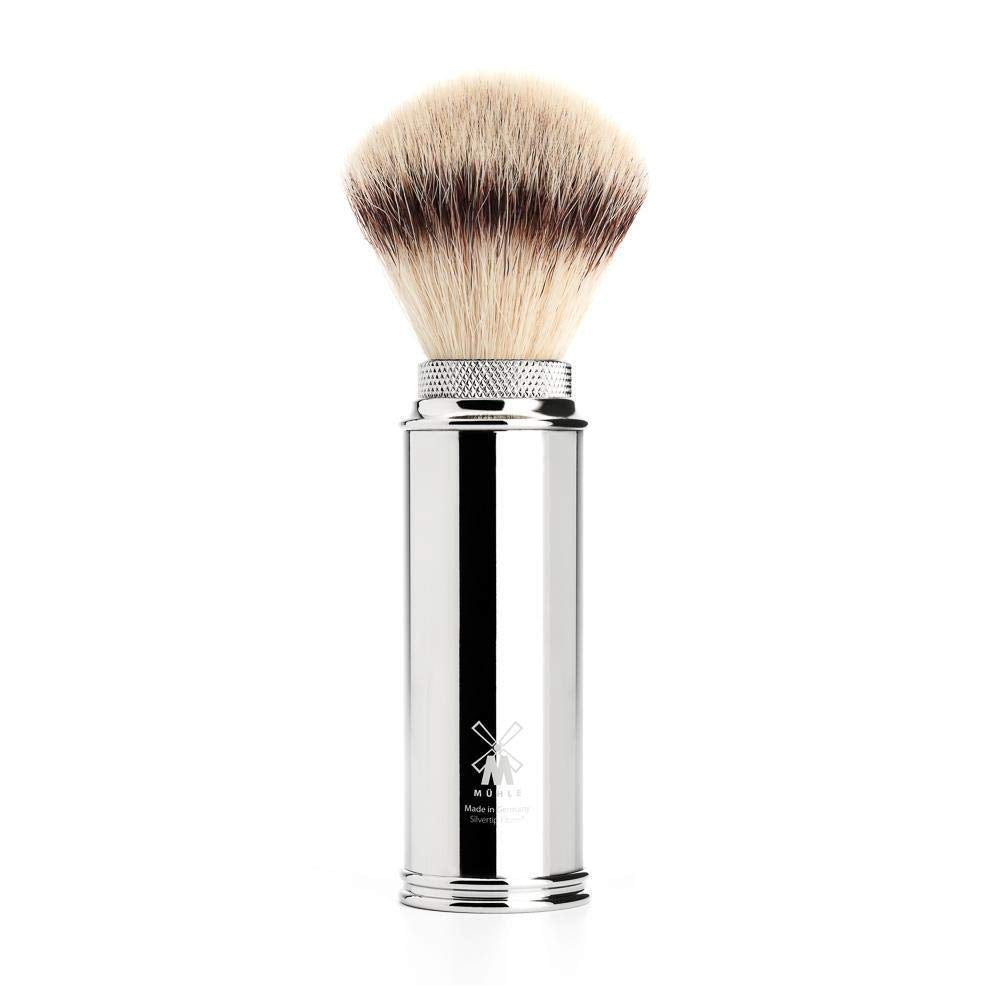 MÜHLE Travel Set - Silvertip Fibre brush, compatible with Gillette blades, black leather case - chrome metal handles