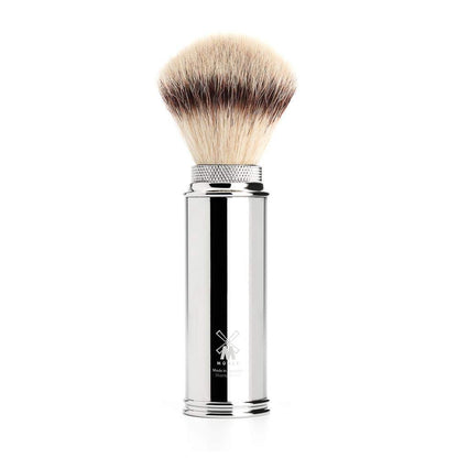 MÜHLE Travel Set - Silvertip Fibre brush, compatible with Gillette blades, black leather case - chrome metal handles