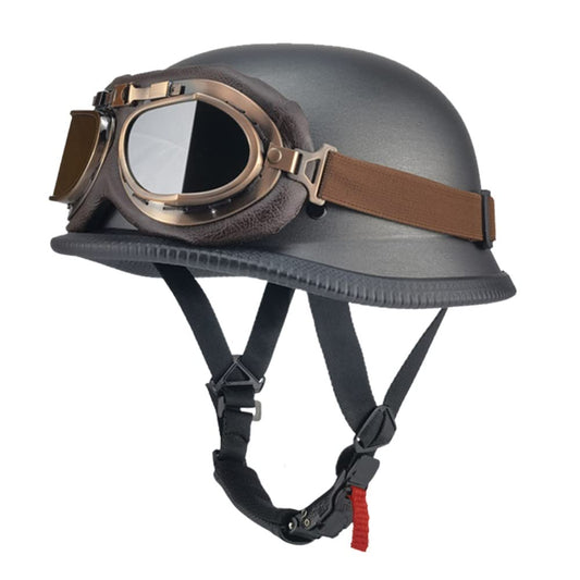 Half-open vintage motorcycle helmet with ECE certification. Chopper helmet with sunglasses for mopeds cruiser vintage jet helmet. Quick release buckle, sizes M-XXL.