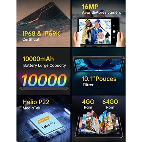OUKITEL RT1 Outdoor Tablet, 10.1 inch FHD+ 10000mAh, Android 11 rugged outdoor Tablet PC, 4GB RAM 64GB ROM, Octa Core processor Helio P22, 1200 x 1920 IPS, 4G LTE Tablet, 16MP Camera, Wi-Fi, GPS.