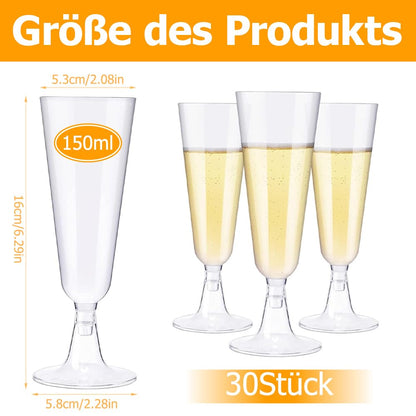 Plastic champagne flute glasses, set of 50. 150ml capacity, reusable. Great for weddings, birthdays, picnics, and parties. Size: 16 x 5.5 cm. Transparent.