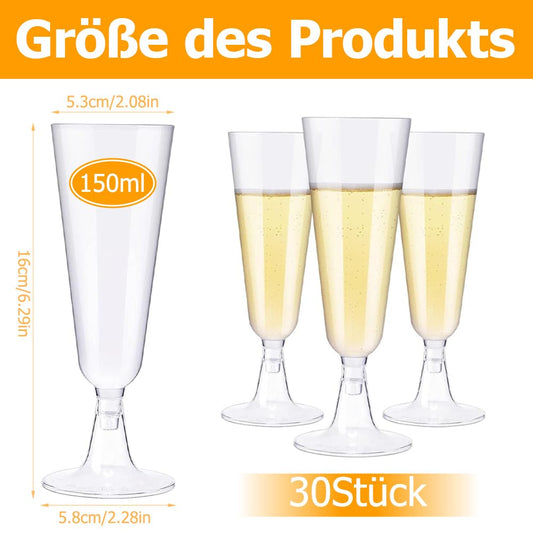 Plastic champagne flute glasses, set of 50. 150ml capacity, reusable. Great for weddings, birthdays, picnics, and parties. Size: 16 x 5.5 cm. Transparent.