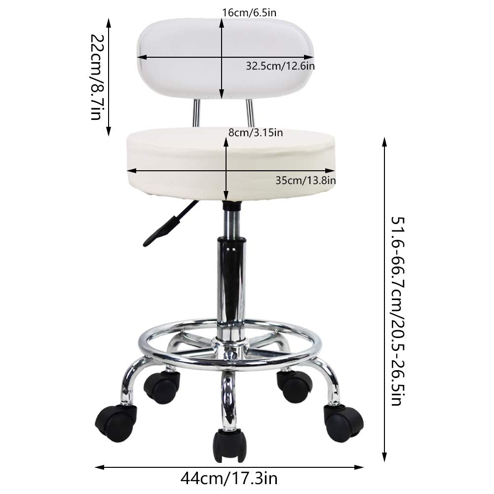 KKTONER Rolling Stool Office Chair, height adjustable, swivel stool with low backrest and footrest, made of white PU leather.
