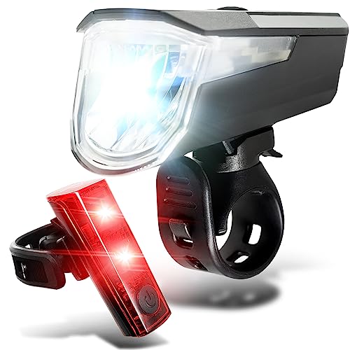 NEXTCOVER® bike light set with [LightSense] sensor & 11h battery life I USB rechargeable & waterproof I StVZO approved I LED front bike light I bike lamp & bike rear light (80 Lux Pro+)
