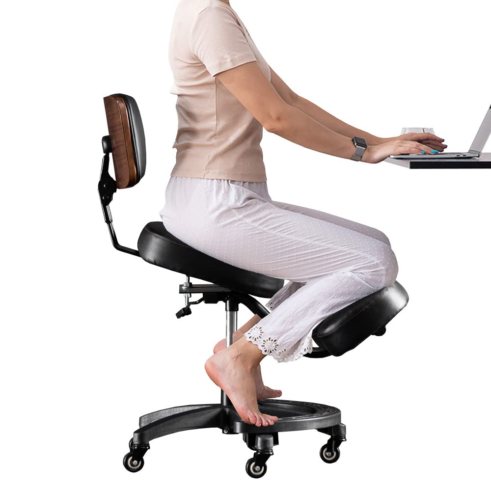 YOOTMEEN YDM-1458-2C ergonomic office kneeling chair with back support, adjustable height and angle, upright sitting position, thick comfortable cushions, black with walnut wood finish.