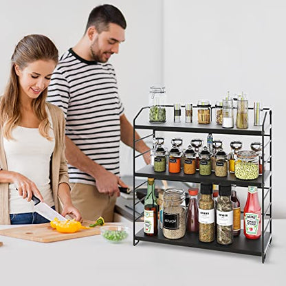 AIRUJIA metal spice rack, 3 levels adjustable kitchen shelf, desk organizer suitable for kitchen, bathroom, and bedroom, standing kitchen rack storage bathroom black.